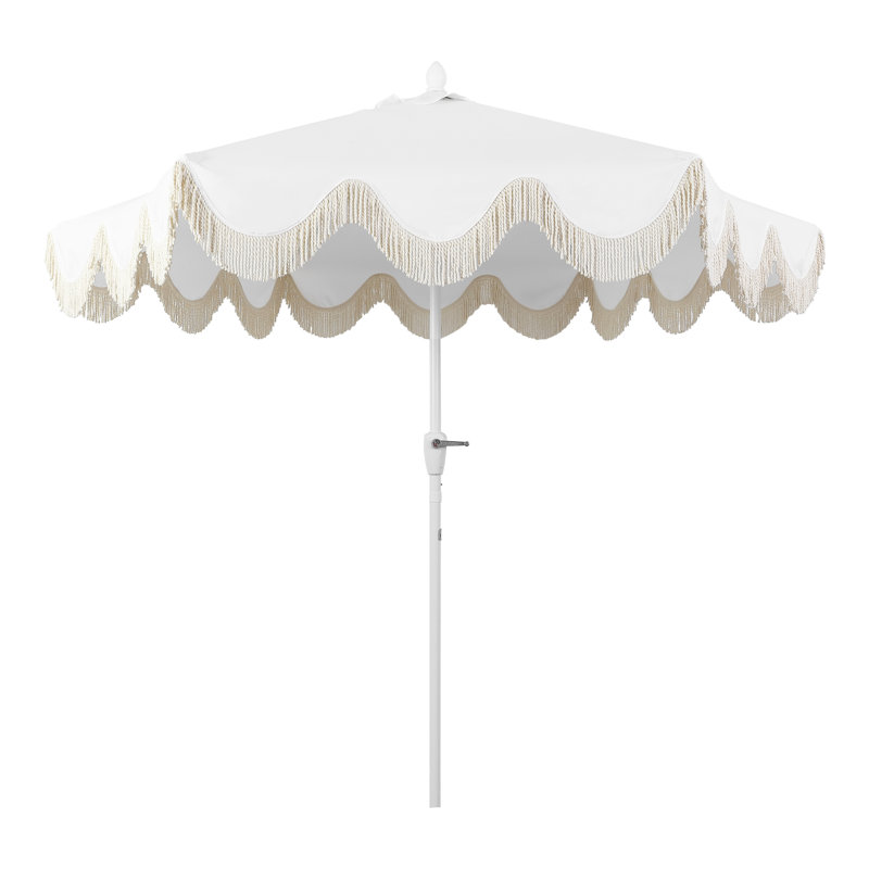 Parasol d'extérieur à frange bohémienne de 9 pi avec manivelle et inclinaison Collins, auvent blanc résistant aux rayons UV, mât blanc