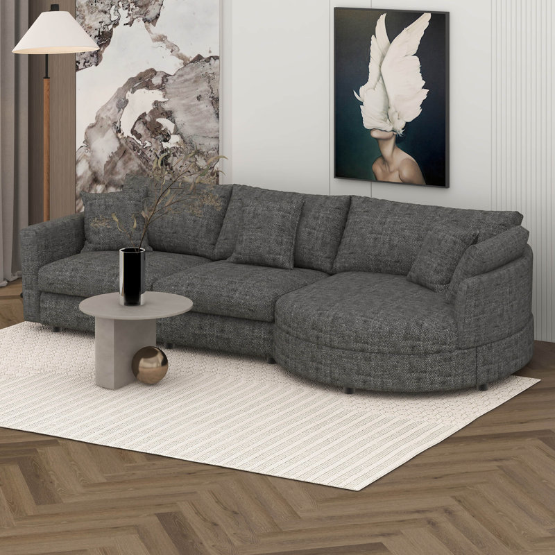 105" Modern Curved Chaise Sectional Sofa, Soft Chenille Fabric, Pine Wood Frame, 3-Piece Sectional Sofa With 3 Throw Pillows