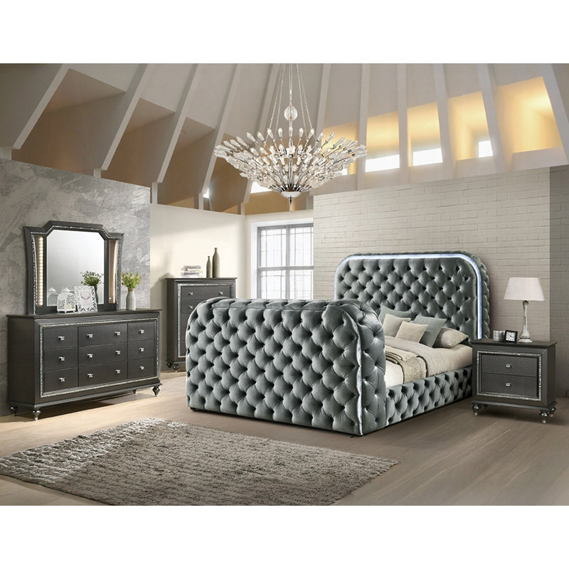 Ensemble de chambre à coucher 5 pièces Kana, gris, Queen