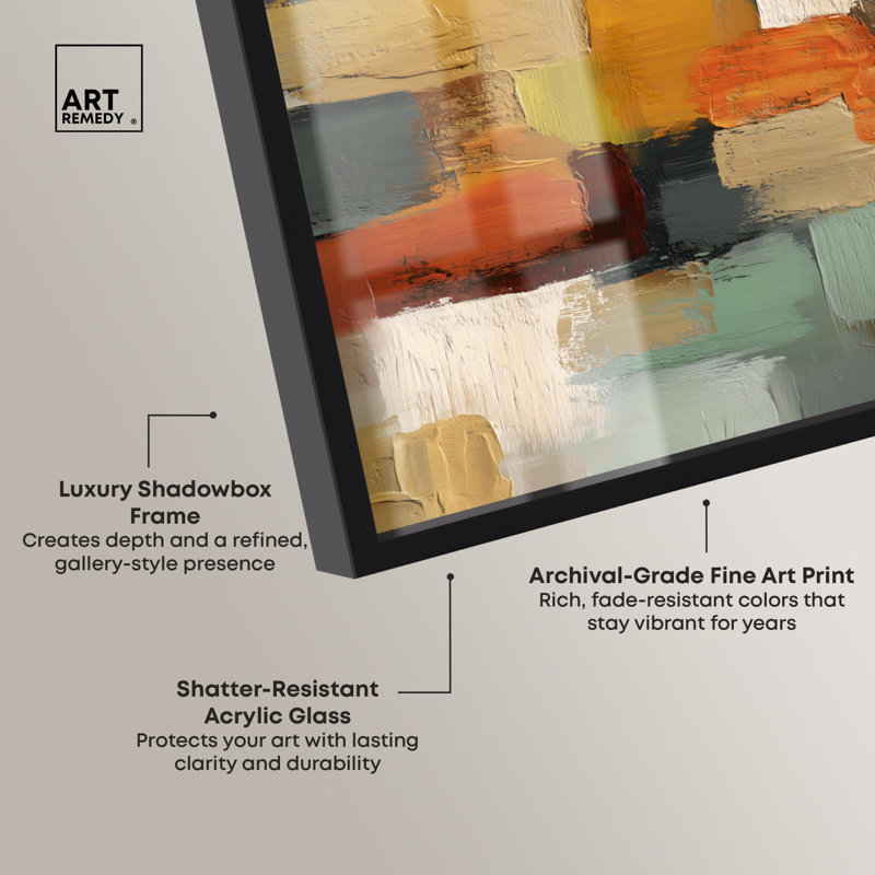"Urban Patchwork II", art mural abstrait par Art Remedy, cadre noir, 46 x 31, Structure noire, H 31 po x l 46 po