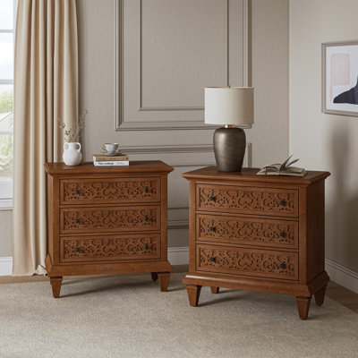Talona 29'' W Transitional Carved 3-Drawer Nightstand with Built-In Outlets and Solid Wood Legs
