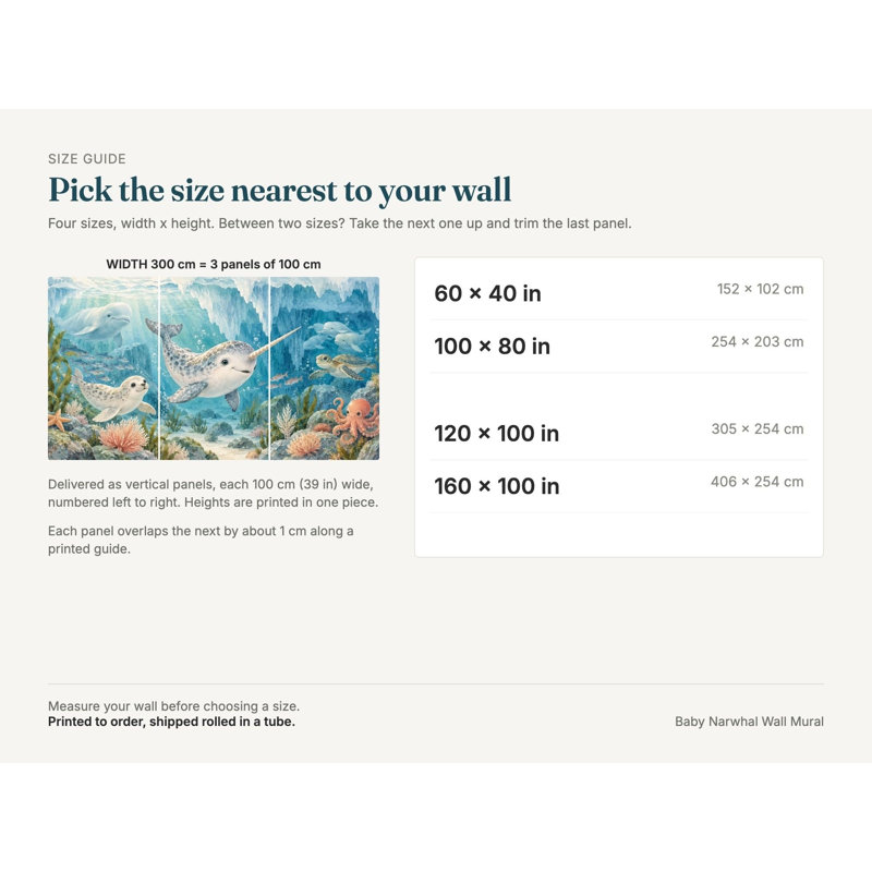 Baby Narwhal Wallpaper Mural, Peel and Stick Kids Room Wall Mural, Watercolor Ocean Nursery Wallpaper, 254 x 203 cm