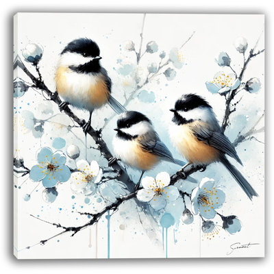 Blossom Perch: Chickadees in Bloom Wrapped Canvas Wall Art