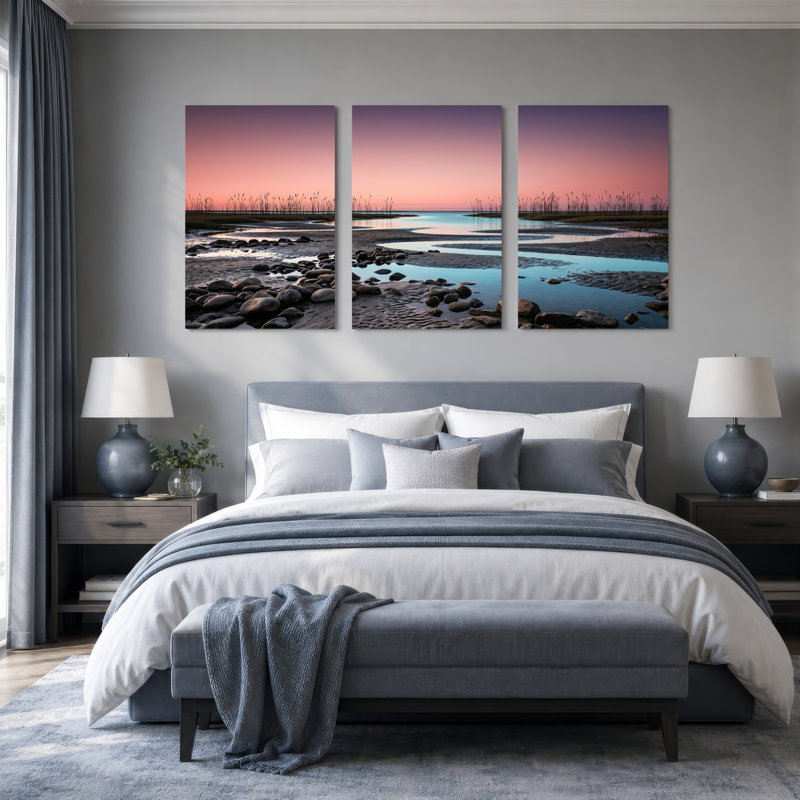 Ensemble de 3 toiles murales représentant des paysages de coucher de soleil, idéales pour la décoration du salon, de la chambre ou de la maison.