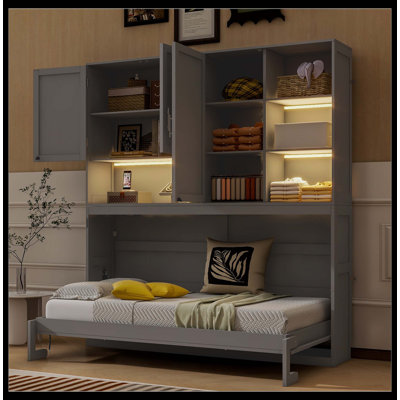Lit escamotable mural simple avec armoire supérieure, tablettes, lit pliable peu encombrant avec lumière et USB, gris
