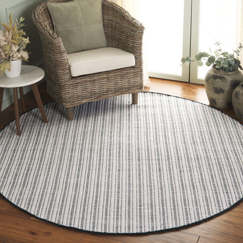 909 Hand Woven Cotton/Wool Striped Rug , Round 6', Green/Ivory