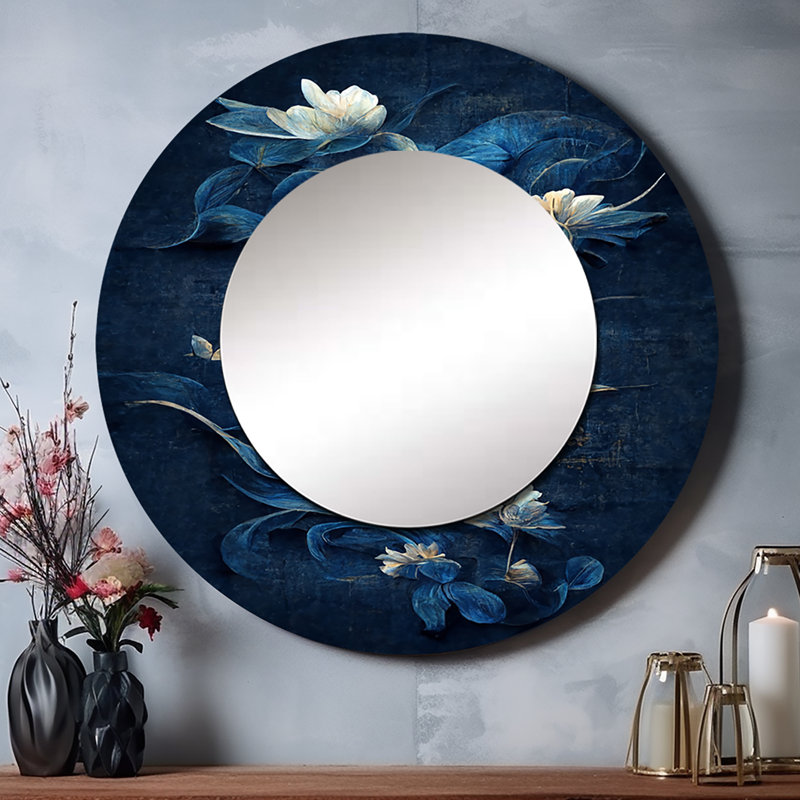 Sareniti fleurs chinoises bleues et blanches IV - miroir floral, miroir mural rond bleu, art imprimé en métal, 36 po x 36 po