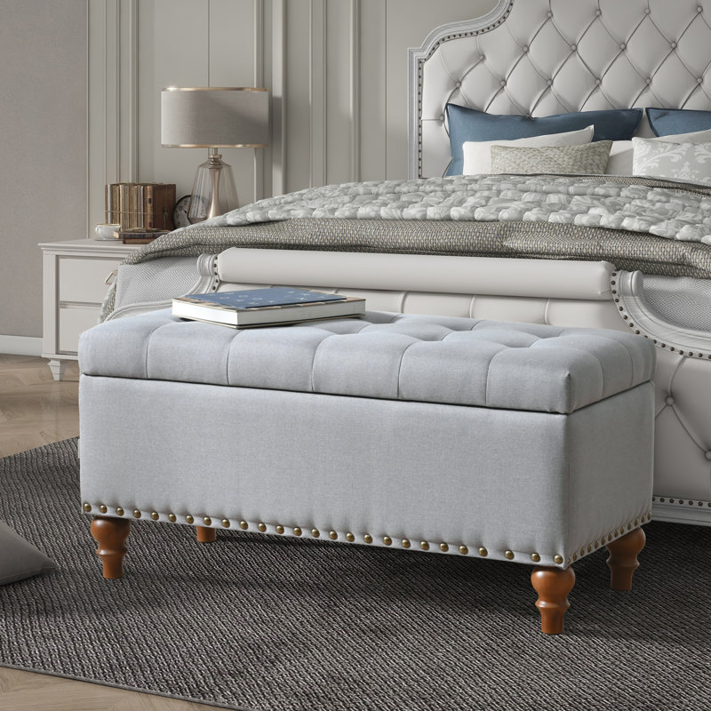 Banc de rangement avec repose-pieds, charnière de support encastrée facile à ouvrir, garniture de rivet, chambre à coucher, entrée, salon, lin