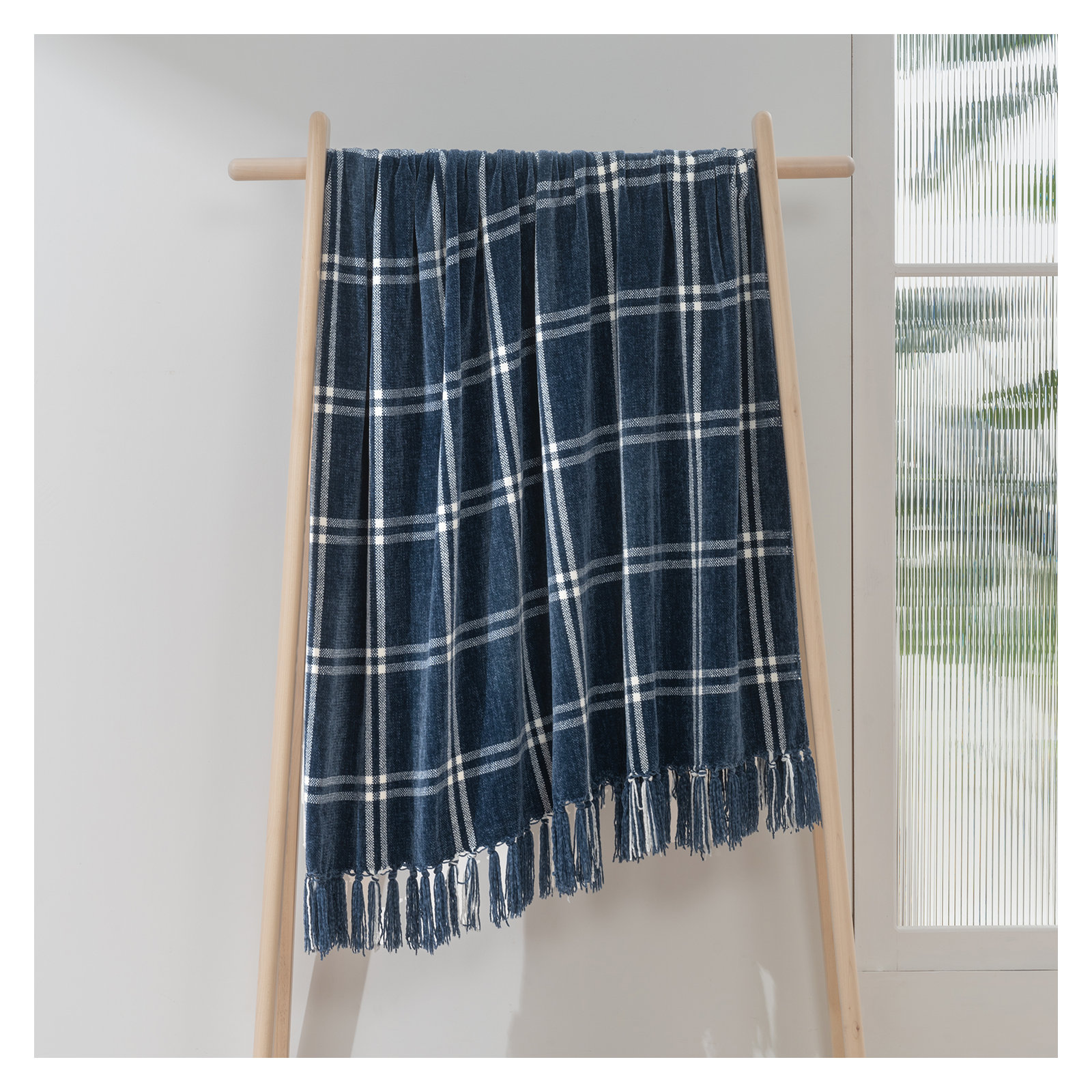 Soft Chenille Throw Blanket, 80" L x 60" W, Navy Blue/White Plaid