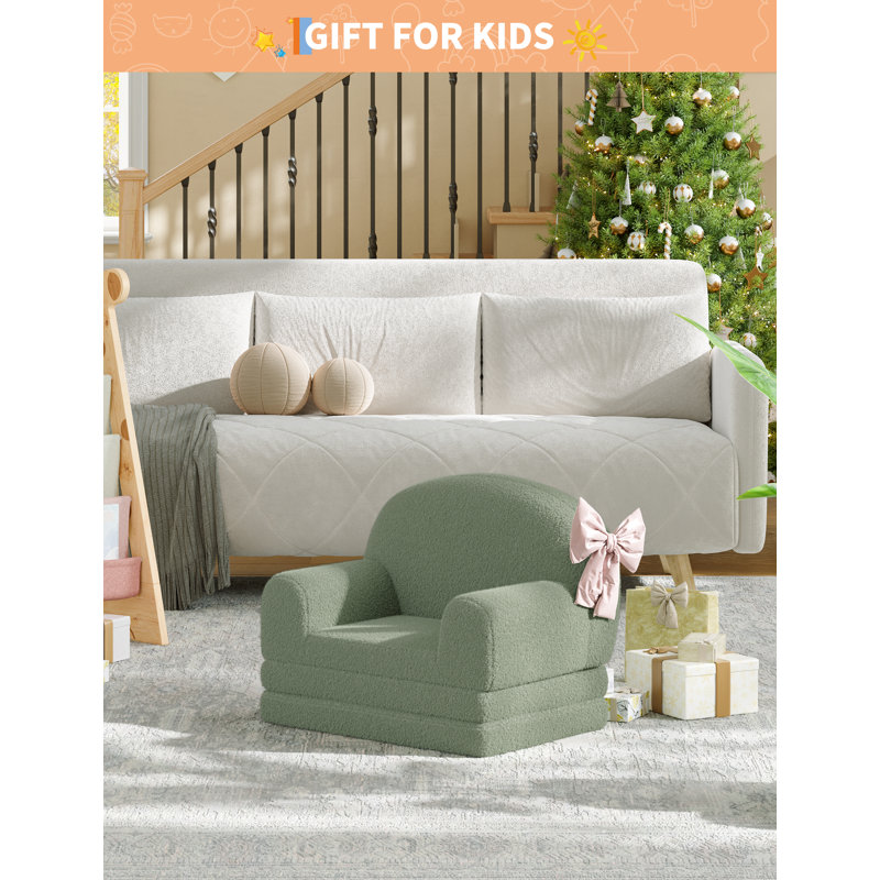 2-in-1 Convertible Kids Sofa Chair – Soft Sherpa, High-Density Foam, Fold Out Lounger for Playroom, Nursery – Comfortable Children's Couch, Gift – Green
