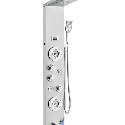 Panneau de douche de 61 pouces avec affichage DEL, effet pluie, effet cascade, 4 jets de massage corporel, bec de baignoire, douchette à main, flexible de 59 pouces, buses anti-obstruction, acier inoxydable 304, argent, profondeur 50,12 pouces, largeur 10,83 pouces, hauteur 9,65 pouces.
