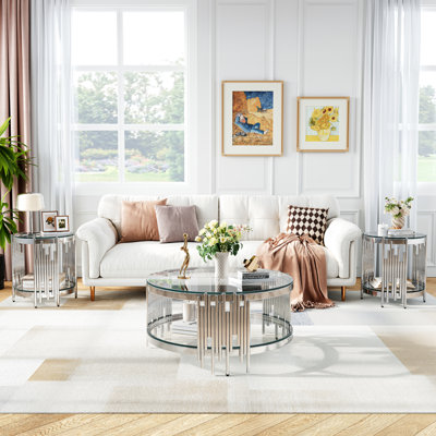 Modern Glass Living Room Set Of 3, Coffee Table And 2 End Tables, Two-Tier Round Tempered Glass Tops And Irregular Stainless Steel Frames