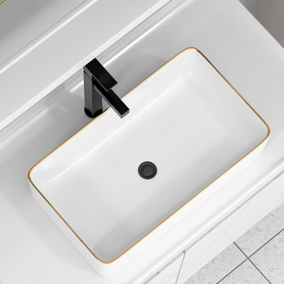Fulorni Rectangular Vessel Sink For Bathroom With Gold Rim - Modern Above Counter Vanity Lavatory Basin