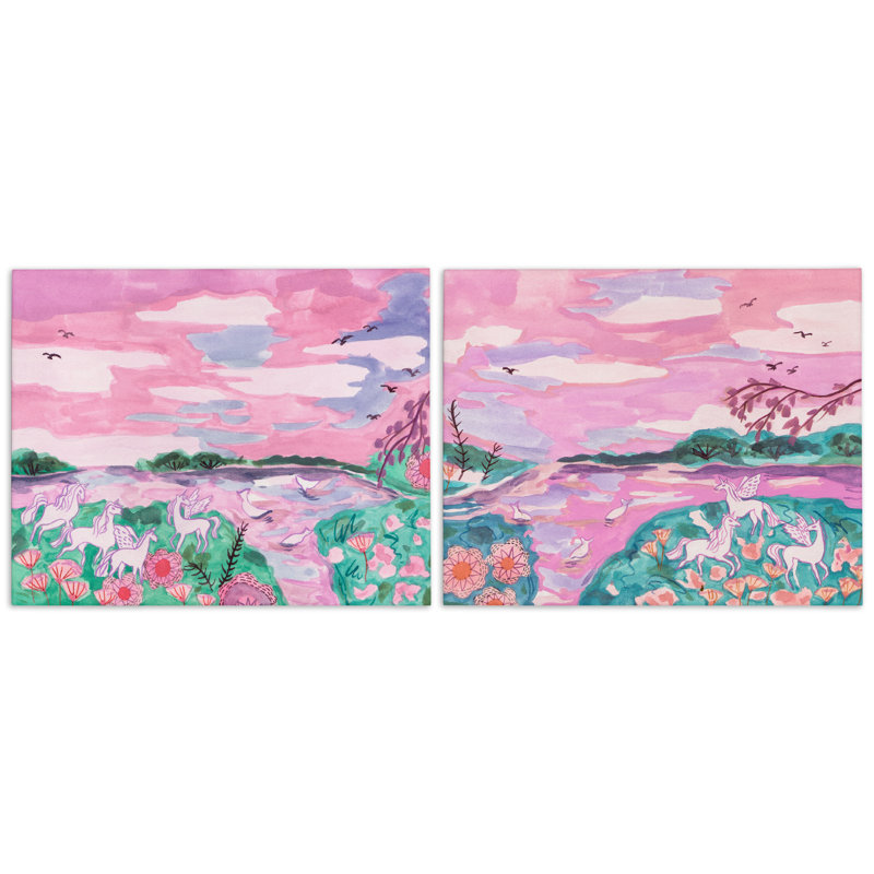  "Unicorn Nature Whimsy", ensemble de 2 toiles murales par Melissa Wang, H 24 po x l 30 po
