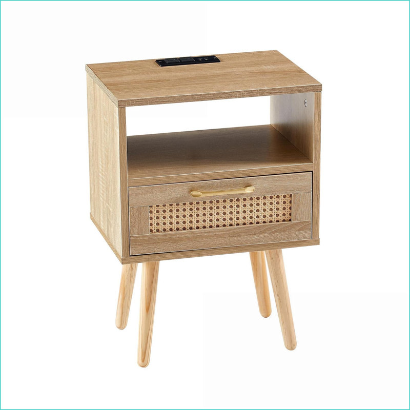 Table basse moderne en rotin naturel avec Power & amp; USB, pieds en bois massif pour le salon, Bois naturel