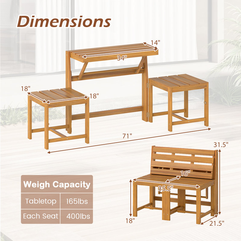  Causeuse 3 en 1 d'extérieur en bois d'acacia Furnitur avec siège à lattes pour le jardin
