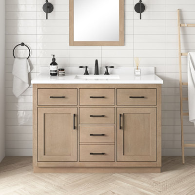 Ensemble de meuble-lavabo simple 48 po avec comptoir en quartz blanc OVE Decors Bailey, dosseret et barre d'alimentation assortis