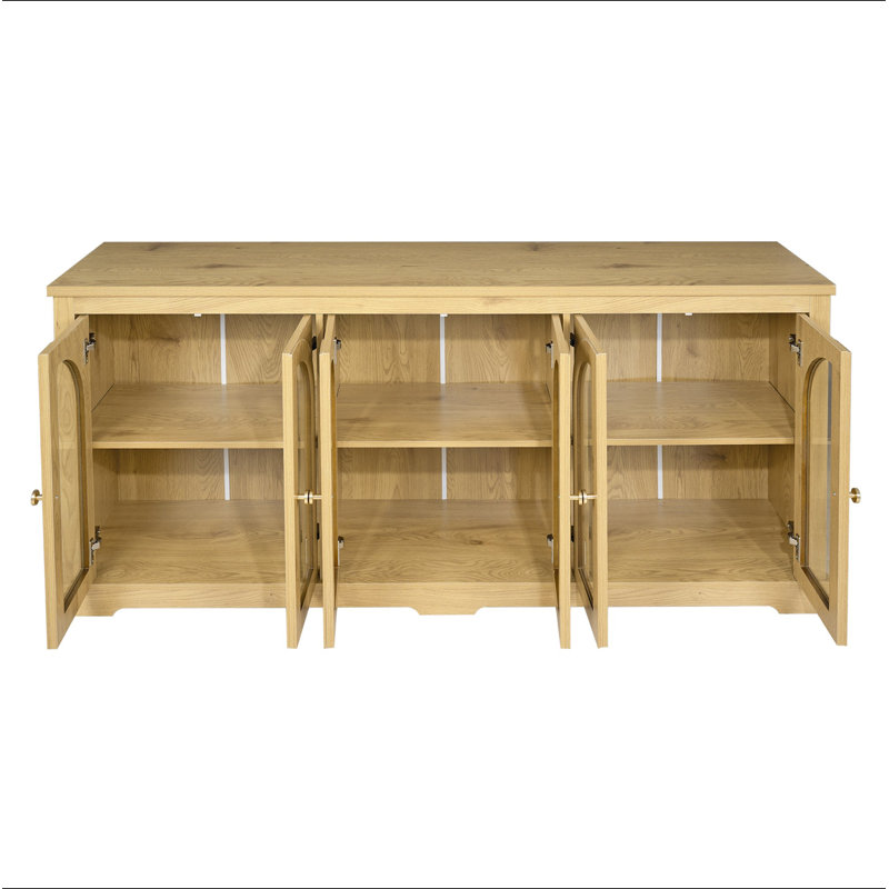 Buffet moderne de 173 cm (68 po) avec 6 portes en verre arqué, meuble de rangement avec étagères réglables, grand buffet pour salon, cuisine, entrée, couleur naturelle