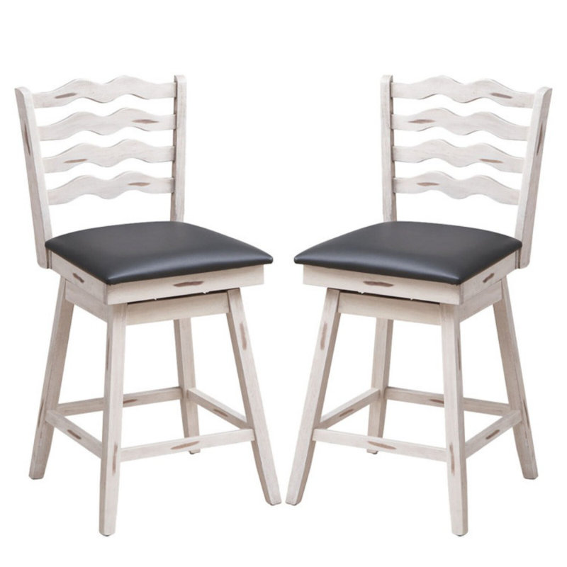 Set of 2 360° Swivel Bar Stools with Rubber Wood Frame and Ergonomic Backrest and Footrest