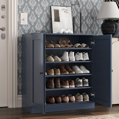 100% Solid Wood Shoe Storage Cabinet with Shaker Doors, Adjustable Shelves, Space Saving Stackable Entryway Organizer, 32" W x 35.75" H