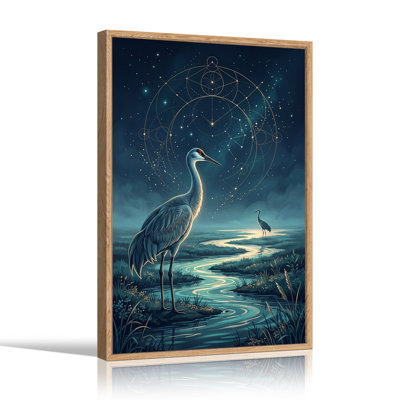 Sandhill Crane by River Under Golden Star Chart Canvas Wall Art