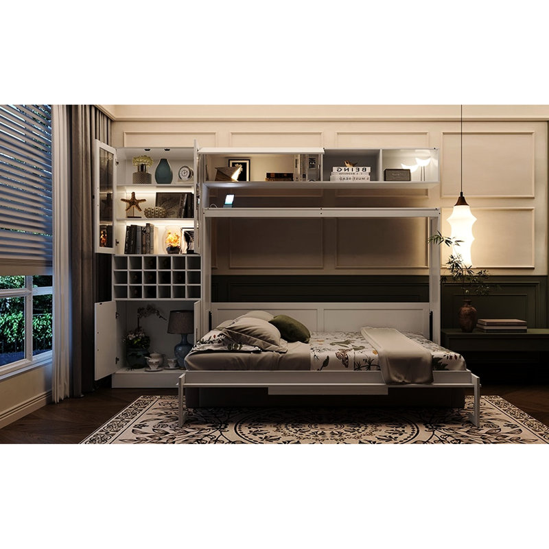 Lit double blanc, avec tablettes et multifonctionnel, peu encombrant, facile à utiliser, pour les appartements, Double, Blanc