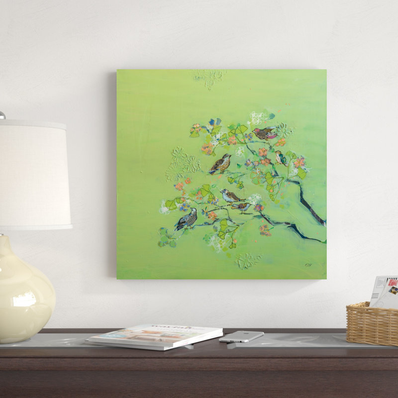 «Bird Song» par Kellie Day - peinture sur toile tendue, H 20 po x l 20 po