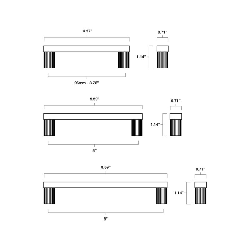 Ribbed Bar / Handle Pull with Fluted Stems, Satin Nickel, 5"
