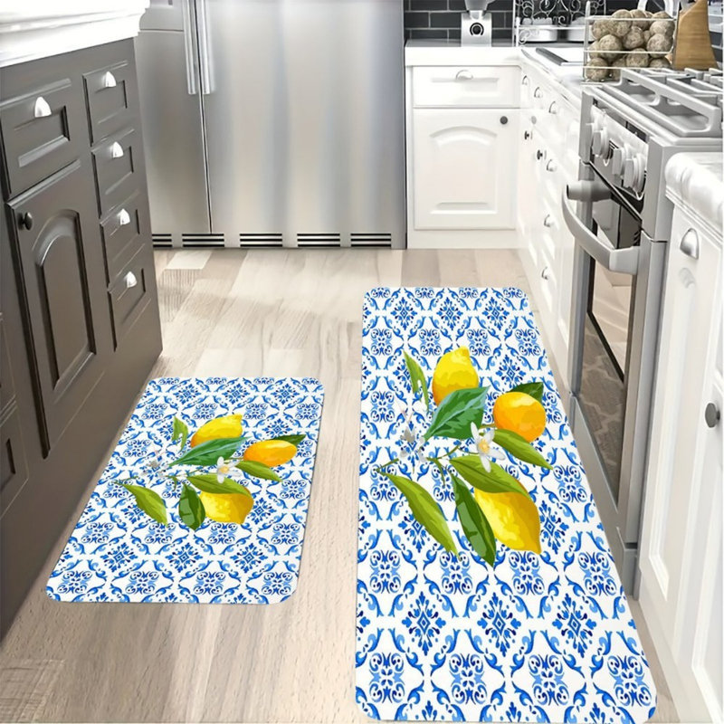 Tapis de cuisine bleu, blanc et bleu citron, 2 pièces, décor bord de mer pour la cuisine et la salle à manger