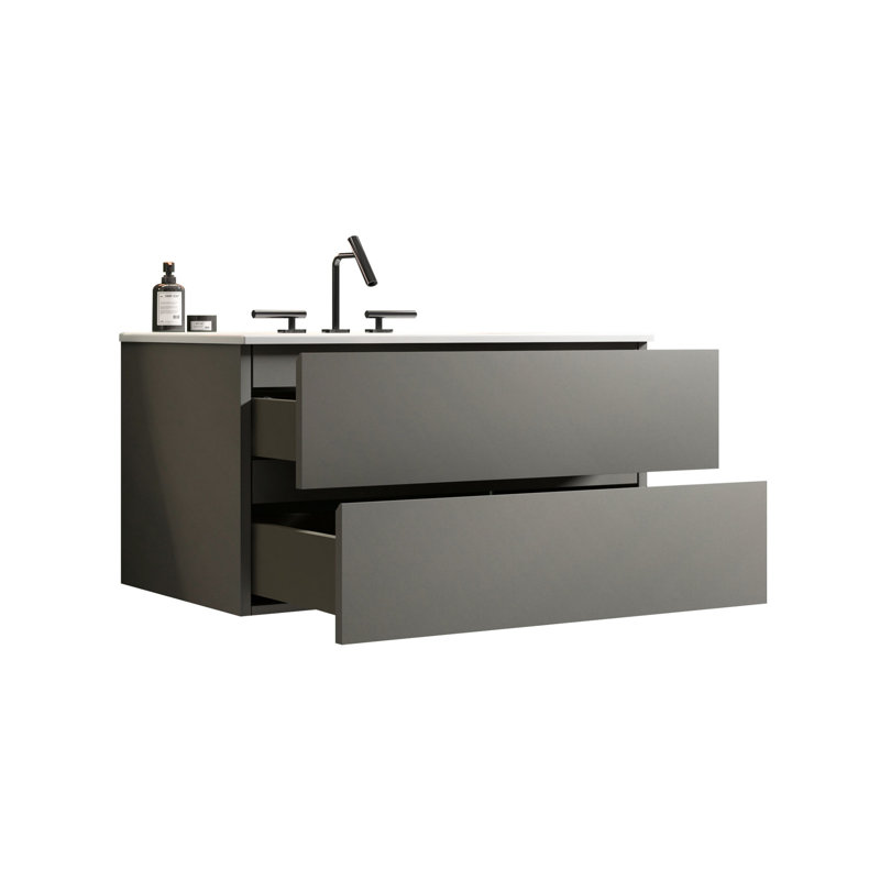 Unité de lavabo de salle de bain Modern Space Grey - Boîte de rangement en céramique, Gris, 36"