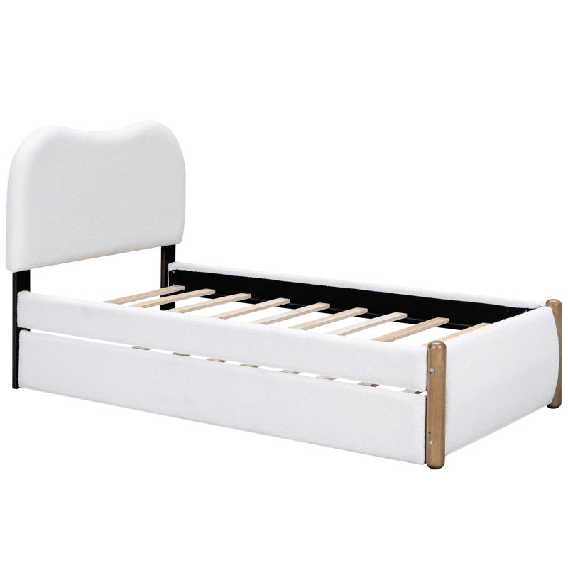 Lit plateforme simple avec revêtement et gigogne en blanc - tête de lit ergonomique à matériaux durables, Lit simple