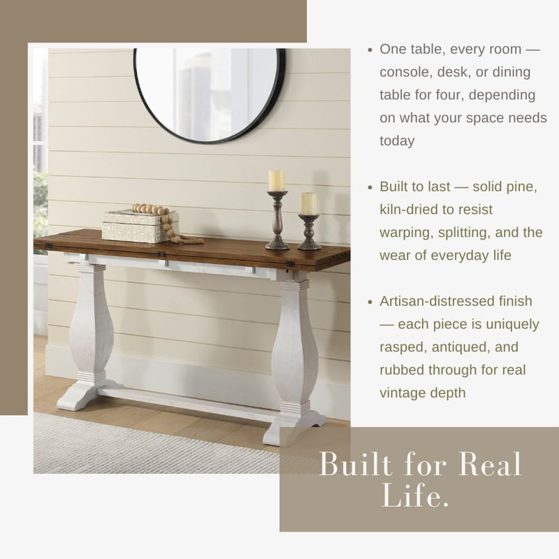 Sarcoline Solid Wood Flip-Top Sofa Console Table, White Stain/Reclaimed Natural