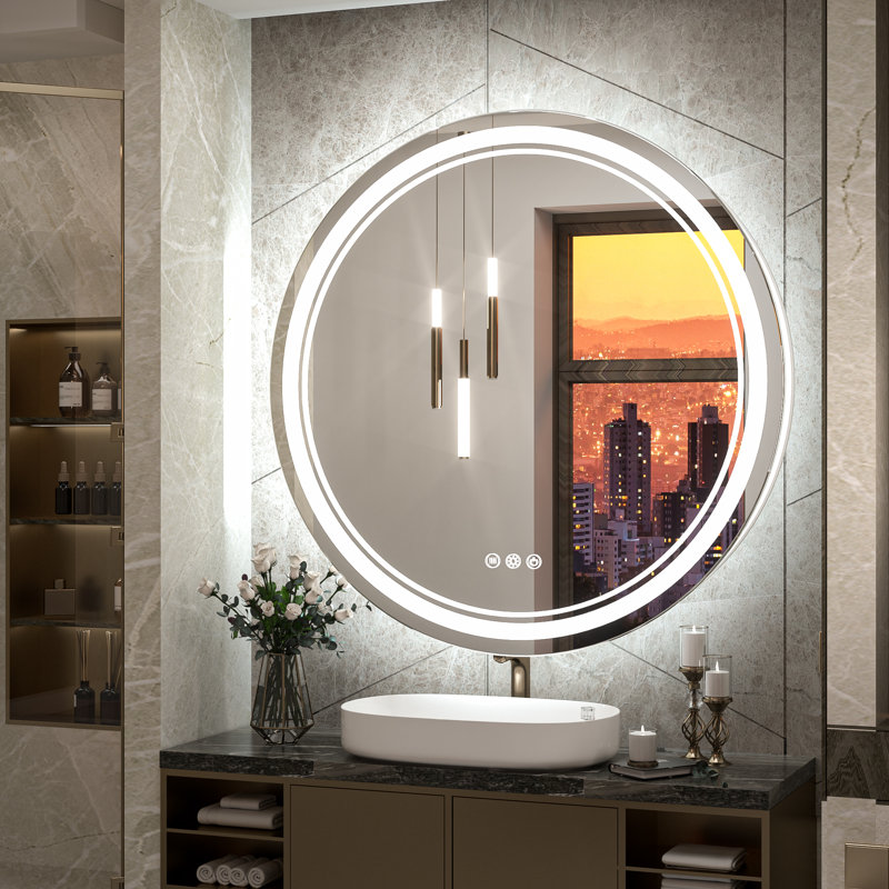 Elayshia Lighted Dimmable LED Frontlit&Backlit Frameless Anti-Fog Makeup Bathroom Round Vanity Mirror, 36" x 36" 