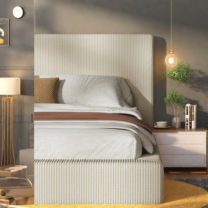 Lit King moderne, cadre en velours côtelé d'acier avec étagères de rangement ajustables