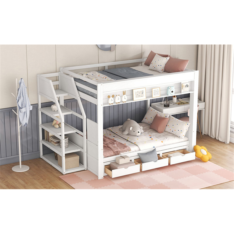 Lit superposé convertible en bois pleine grandeur avec escalier de rangement, table de chevet et trois tiroirs pour une fonctionnalité accrue dans la chambre à coucher