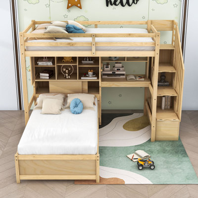 Lit mezzanine simple au-dessus de simple en bois Keleigh avec bureau intégré, tablettes et escalier