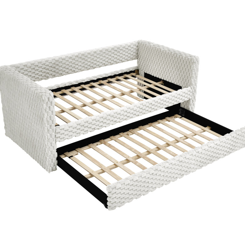 Lit de jour simple avec fonction de lit escamotable - Revêtement en velours côtelé beige pour une optimisation d'espace moderne