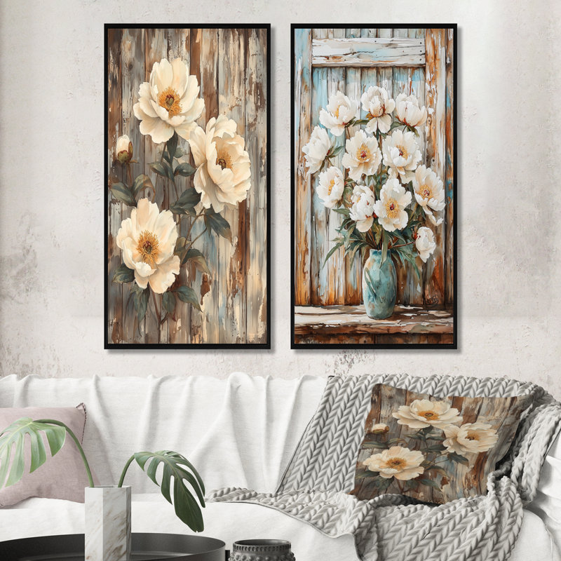 Pivoines par la porte de grange III - art mural floral 2 pièces, H 32 po x l 33 po, Impression encadrée flottante, Noir