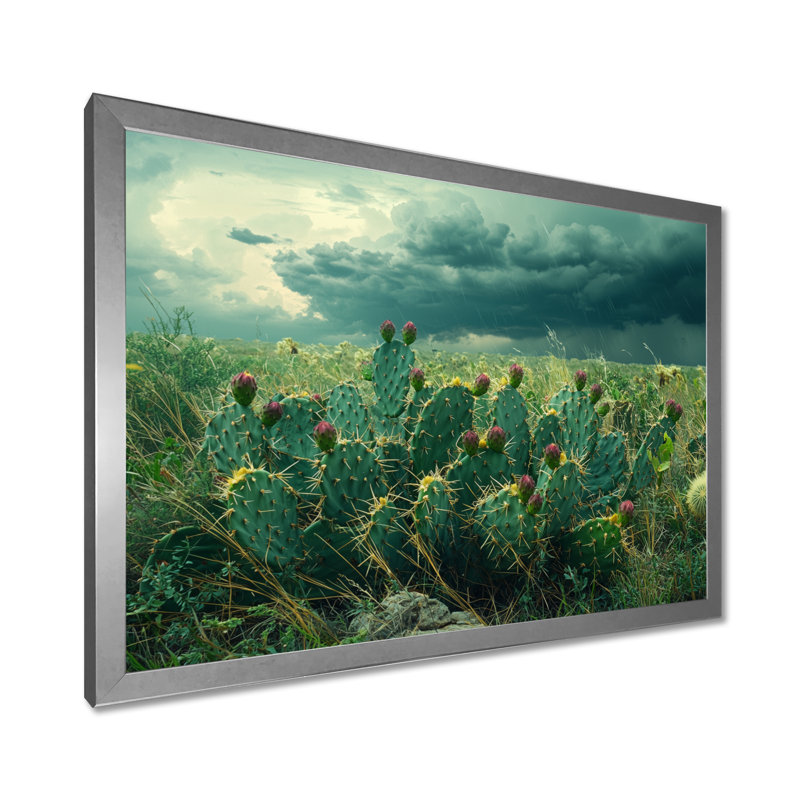 Décoration murale cactus et la tempête du désert - cactus, H 30 po x l 40 po, Cadre simple, Argent argent