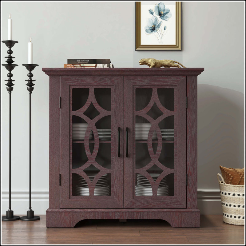 Buffet rouge avec portes en verre trempé et tablette réglable
