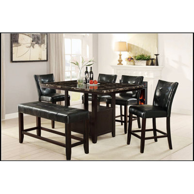 Ensemble de salle à manger 6 pièces à hauteur de comptoir contemporain avec table en faux marbre, rangement et sièges capitonnés pour une salle à manger élégante