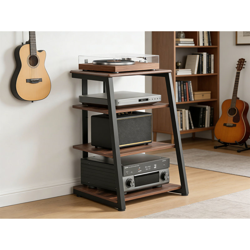 4-Tier AV Media Stand Corner Shelf, Wooden, Adjustable Shelves, For Record Player, PS4, Walnut