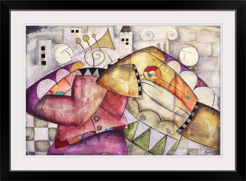 «Antique City Jazz II Trumpet Congo» par Eric Waugh, impression, H 28 po x l 38 po x P 1 po, Cadre noir