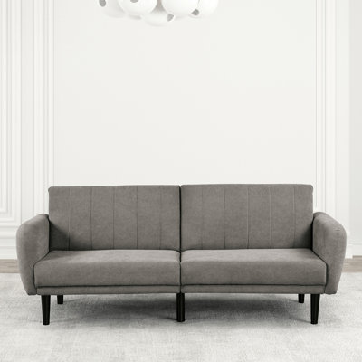Futon de couleur grise de style Mid-Century moderne, se convertissant en lit, support de dossier en fer, matériau en tissu, dossier cannelé, bras de rail contemporain doux d'une largeur de 32,5 pouces,