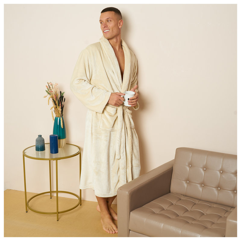 Gender Neutral Mid-Calf Bathrobe with Pockets, Cream