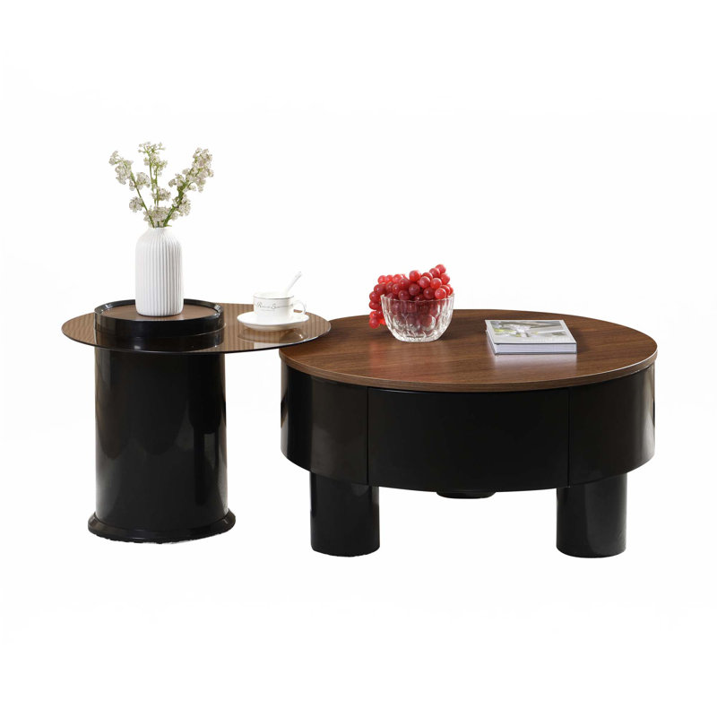 Ensemble de 2 tables basses rondes gigognes, Plateau noir / structure noire