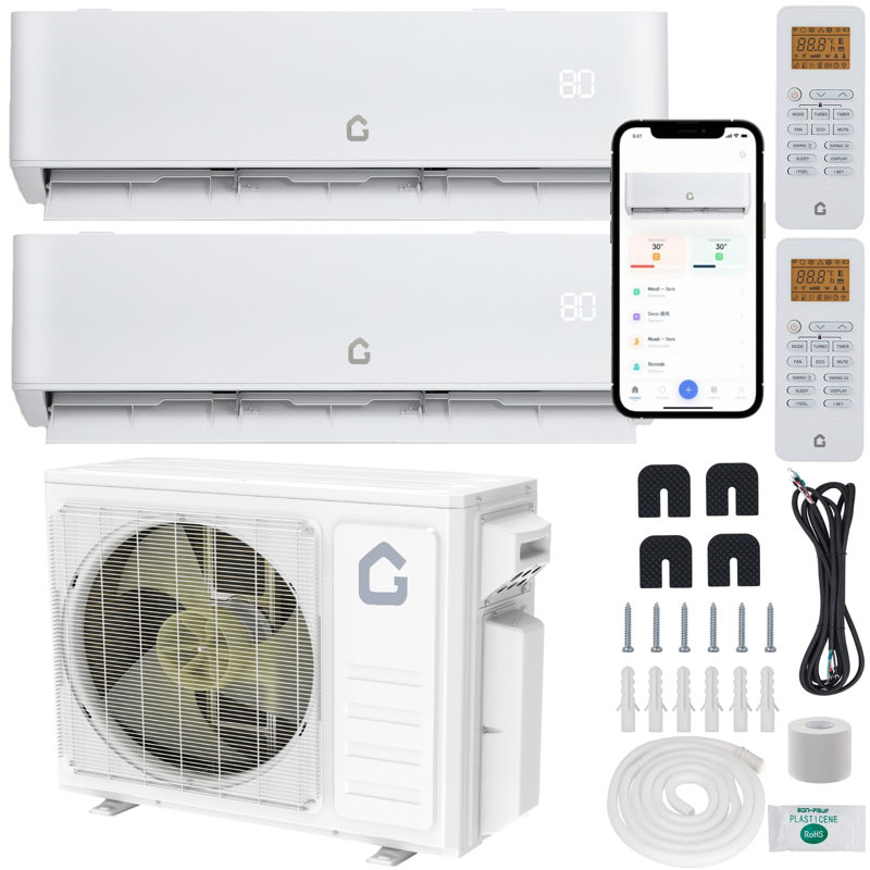 Mini climatiseur à deux zones 20K BTU avec unités intérieures 9K + 9K, refroidit 800-1 000 pieds carrés, 20 SEER2, réfrigérant R454B, contrôle intelligent WiFi, température indépendante à deux zones (+ 1 ℃), système de chauffage, préchargé 16 pieds Trousse