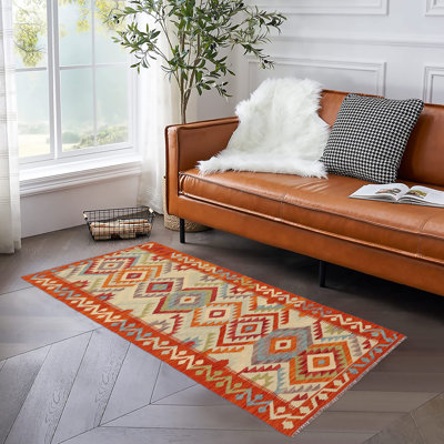 Tapis rouge / bleu / beige en laine noué à la main 2 pi 8 po x 6 pi 5 po Fircrest Southwestern