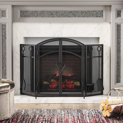 Pare-feu pliable en fer avec portes et outils, noir mat, 128,3 cm x 81,3 cm x 14 cm, pliable en 2 parties.