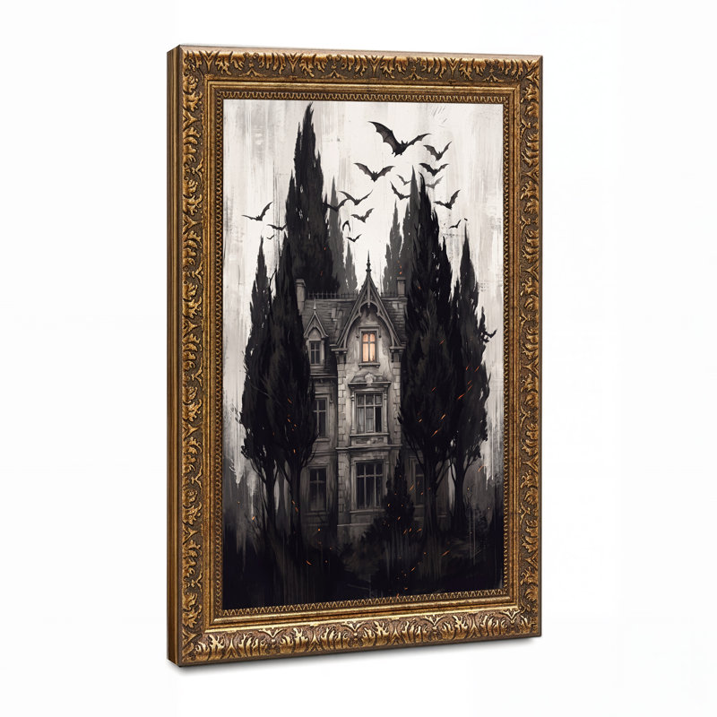 Art mural sur toile gothique avec chauves-souris volantes et cyprès, H 30 po x l 20 po